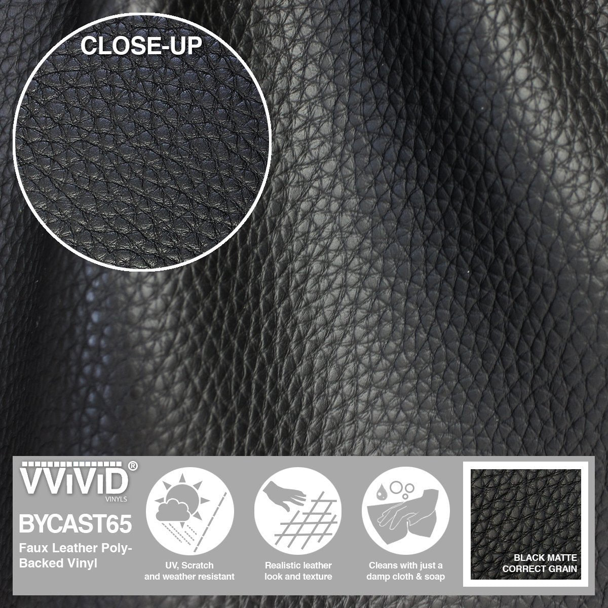 Bycast65 Black Matte Correct-Grain Pattern Faux Leather Marine Vinyl F