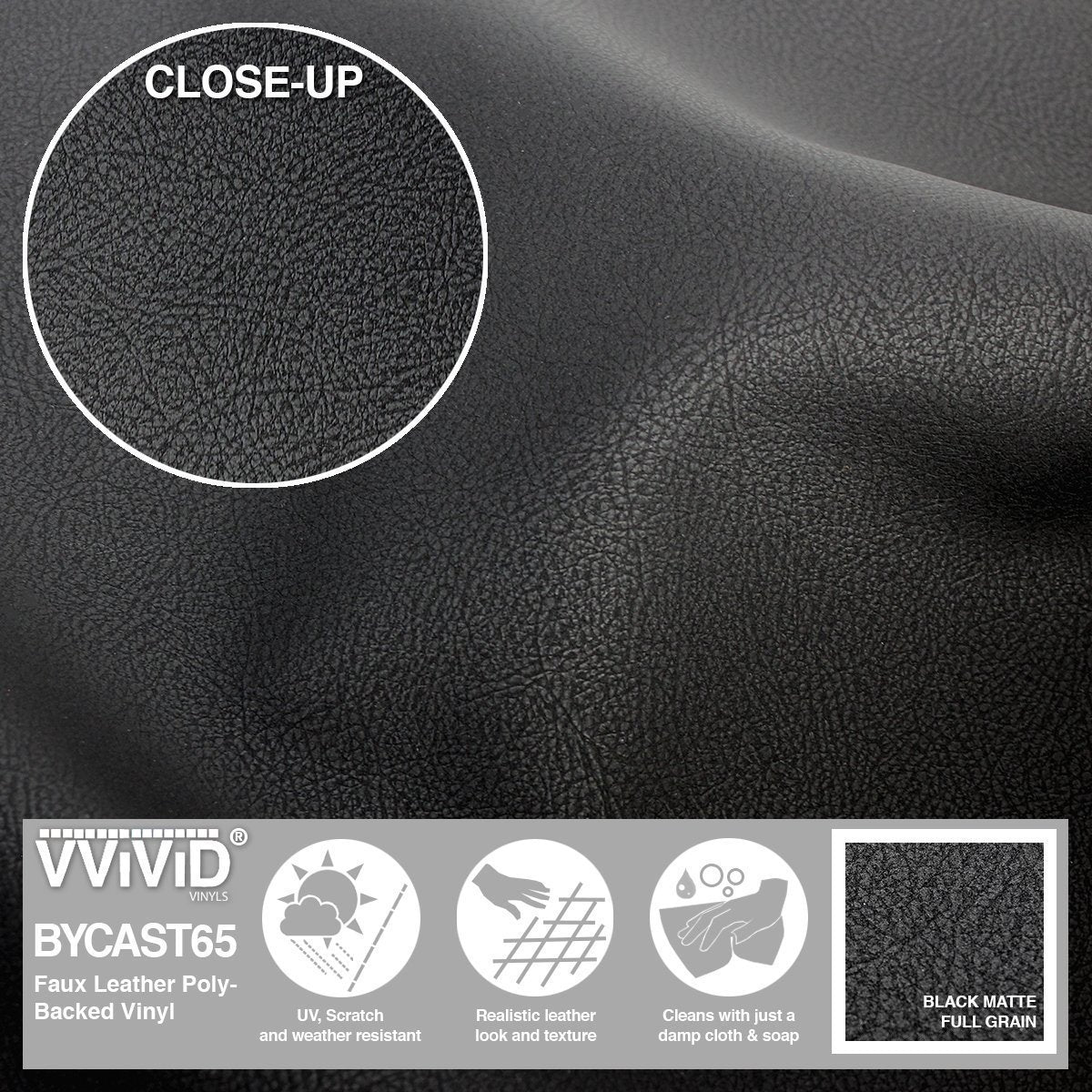 Bycast65 Black Matte Buffed Full-Grain Pattern Faux Leather Marine Vinyl Fabric - The VViViD Vinyl Wrap Shop