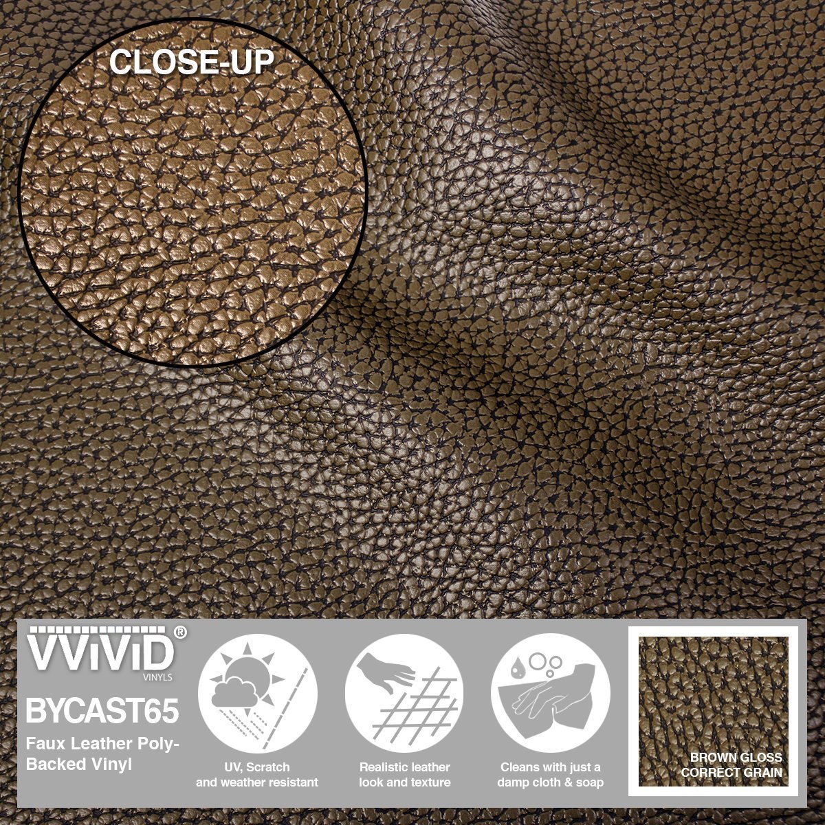 Bycast65 Brown Correct-Grain Pattern Faux Leather Marine Vinyl