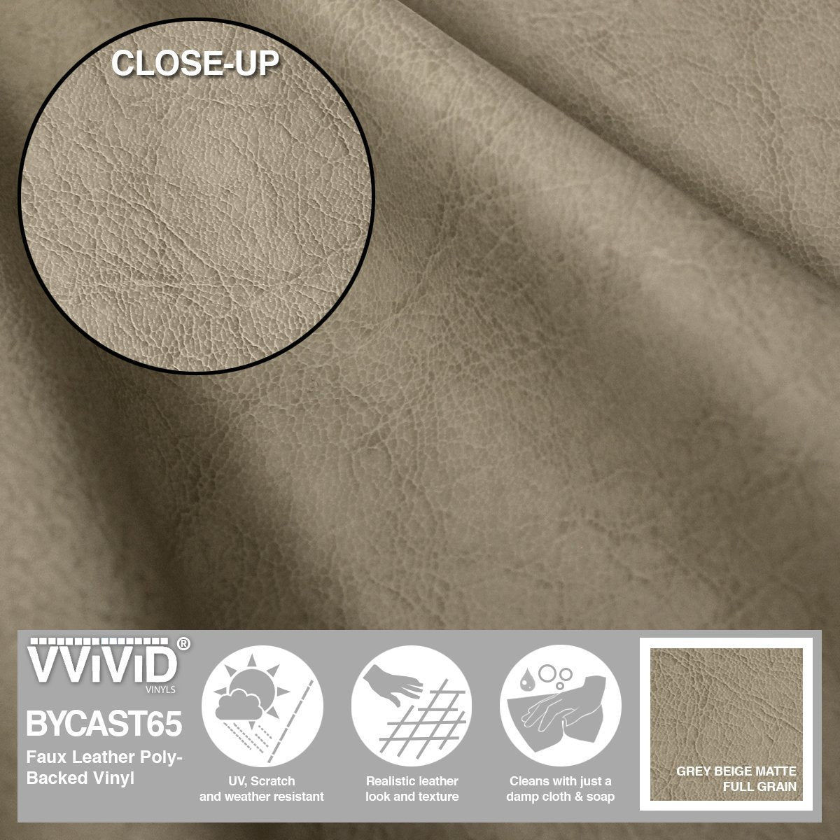 Bycast65 Grey Beige Matte Full-Grain Pattern Faux Leather Marine Vinyl Fabric - The VViViD Vinyl Wrap Shop