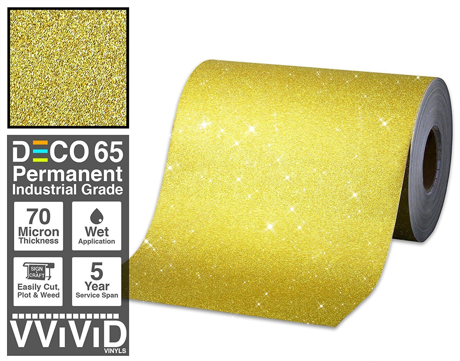 VViViD Glitter Gold DECO65 Permanent Adhesive Craft Vinyl 1 Foot x 6 Feet  Roll
